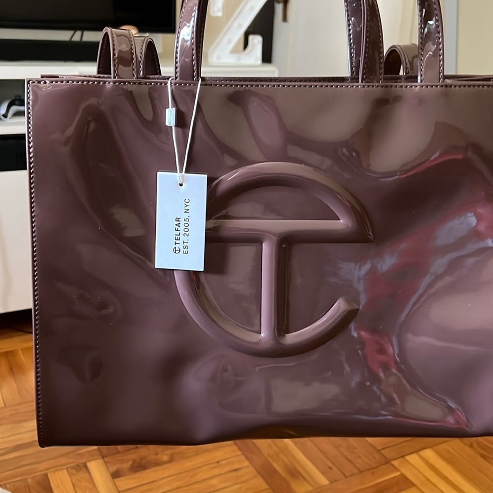 Telfar chocolate brown patent medium shopping bag. New with tags